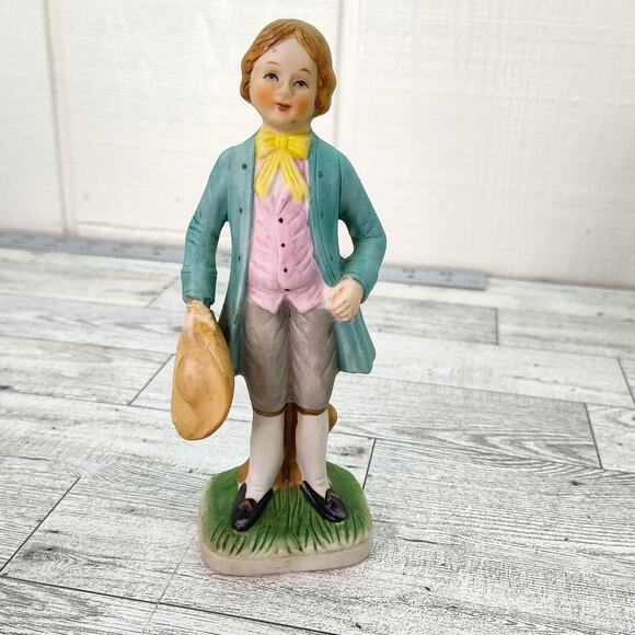 Colonial Man Holding Hat Figurine 6" Tall Green Jacket Yellow Tie Home Decor - Picture 2 of 9